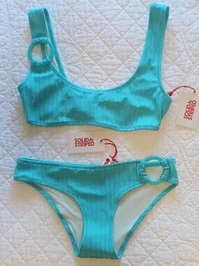 Solid & Striped The Elle Ring Ribbed Bikini Greek Blue Small NWT